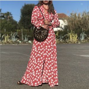 Zara Phoebe Maxi Dress Floral Button Down Red White size Small